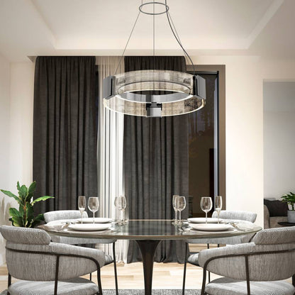 Artika Champagne Drum Modern Chandelier Chrome Over Dining Room Table